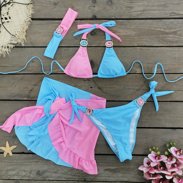 Solid Color Stitching Three Point Bikini Skirt Three Piece Suit Split Swimsuit Women