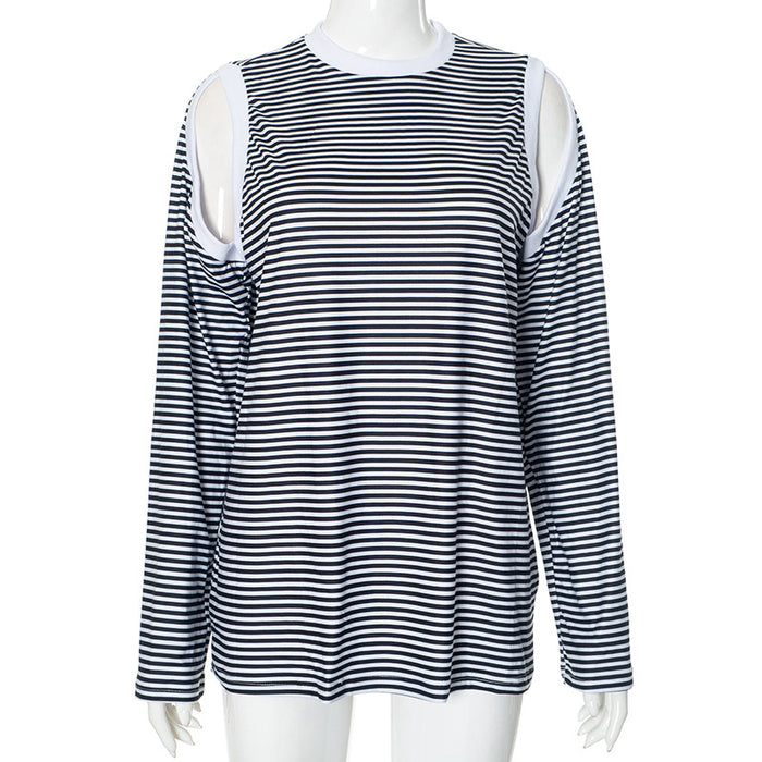 Women Clothing Striped Contrast Color off Shoulder Long Sleeve Casual Fall Clothing Top