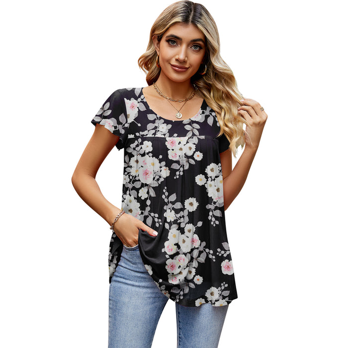 Spring Summer Women Clothing Breathable Elegant Mesh Floral Print Short Sleeved Shirt With Lining T Shirt