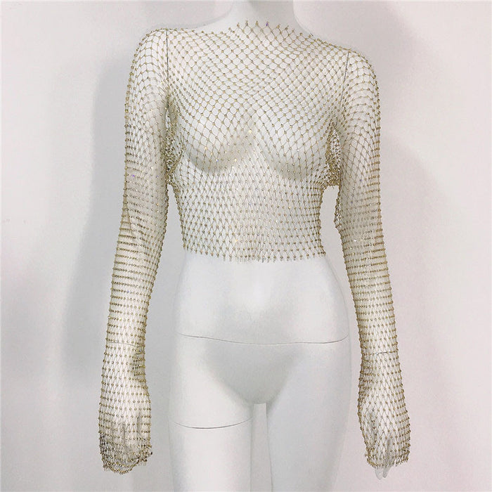 Fishnet T shirt Mesh Rhinestone Long Sleeved Top Sexy Rhinestone Fishnet Clothes Women