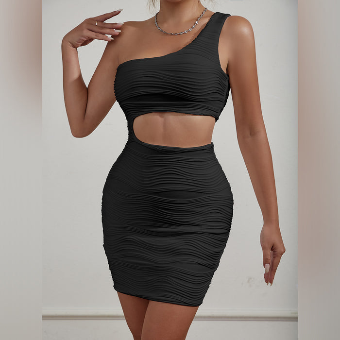 Women Clothing Water Ripple Shoulder Cropped Outfit Sexy Dress