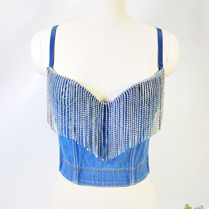 Sexy Denim Tube Top with Chest Pad Short Sleeveless Body Shaping Top Rhinestone Tassel Boning Corset Corset