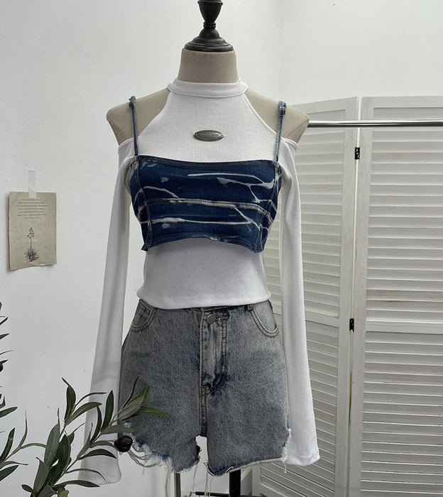 Real Shot Sexy Slim Long Sleeve T shirt Sling Faux Two Pieces Denim Short Strapless Top