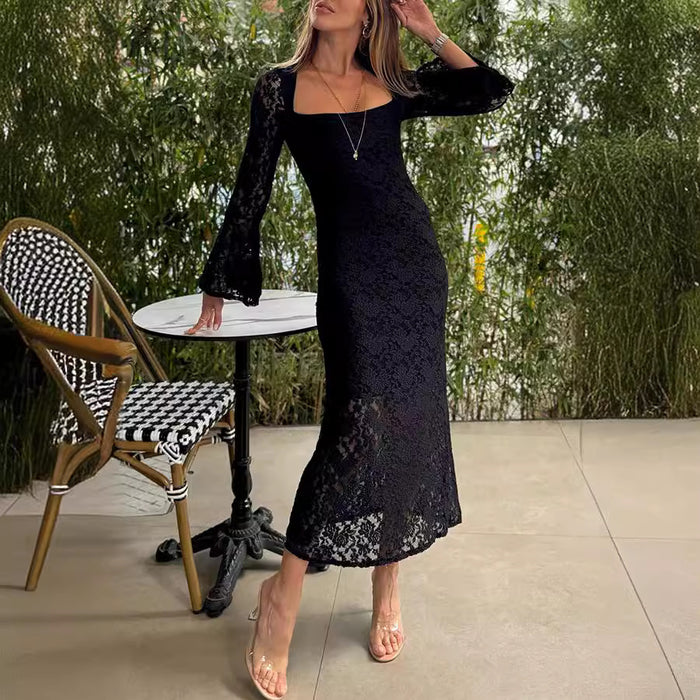 Summer Lace Bell Sleeve Slim Fit Slit Dress