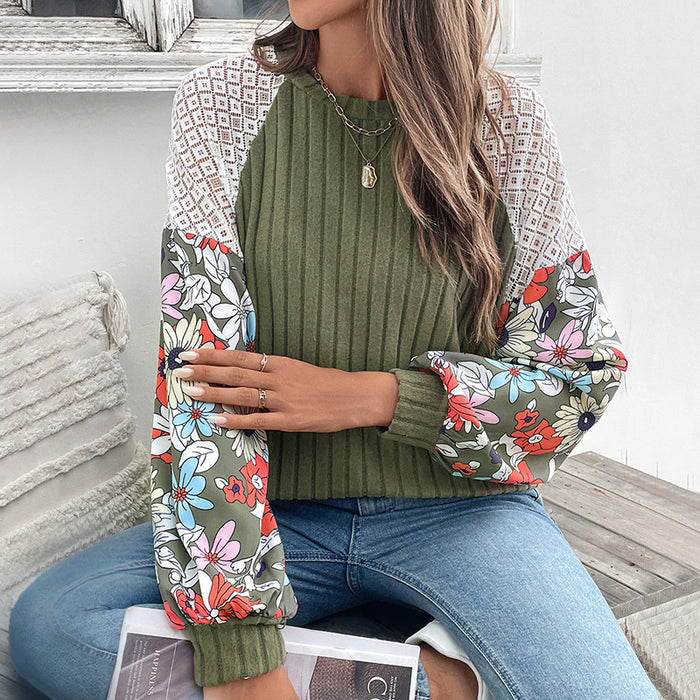 Knitted Top round Neck Floral Print Color Matching Sweater Women