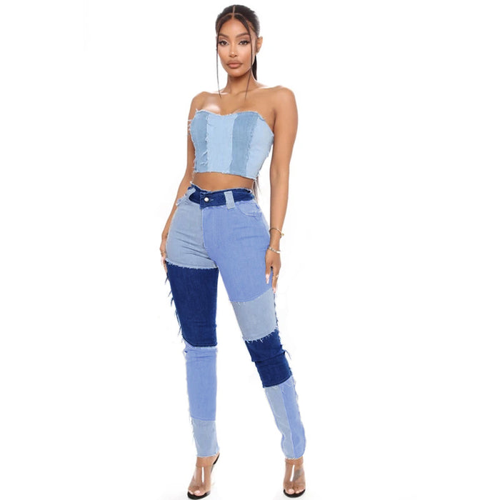 Spring Autumn Stitching Office Trousers High Waist High Elastic Jeans