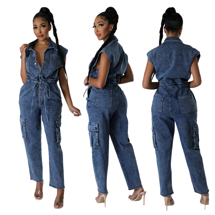 Tight Waist Slim Elastic Washing Denim Jumpsuit Straight Loose Jumpsuit