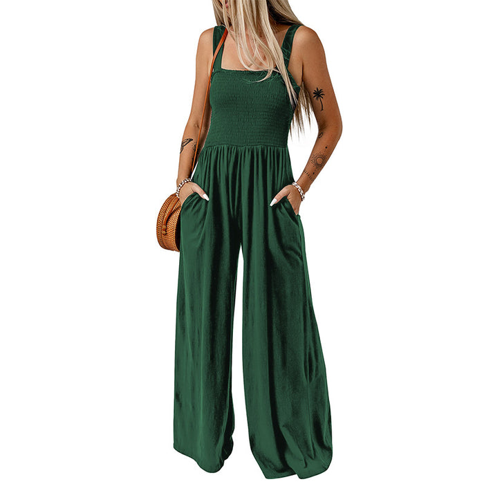 High Waist Jumpsuit Women Summer Sleeveless of the Shoulder Knitted Wide Leg Trousers Jumpsuit