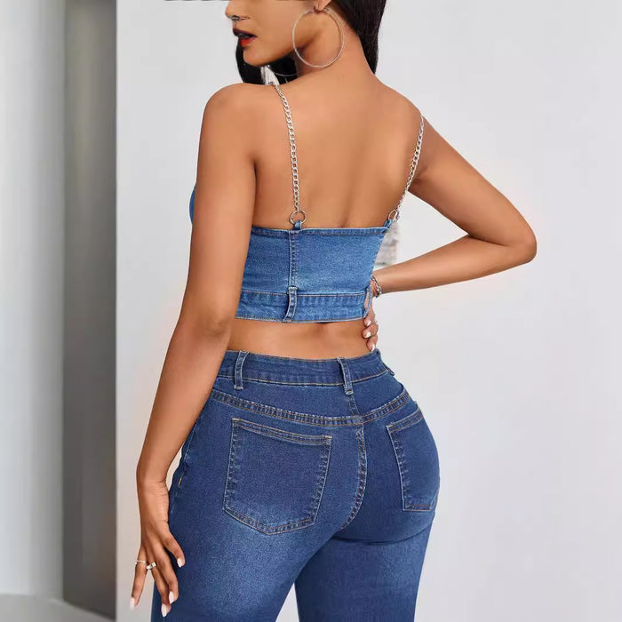 Women Clothing Deep V Plunge neck Backless Denim Camisole