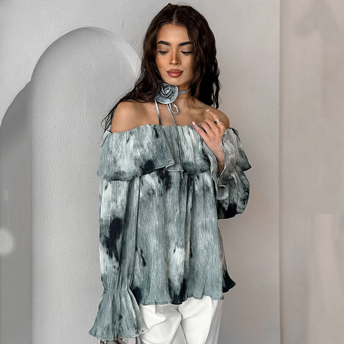 French Design Tie Dyed off Neck Bell Sleeve Shirt Autumn Arrival Top for Women