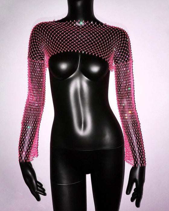 Women Clothing Fishnet Rhinestone Long Sleeved Top Stretch Sexy T shirt