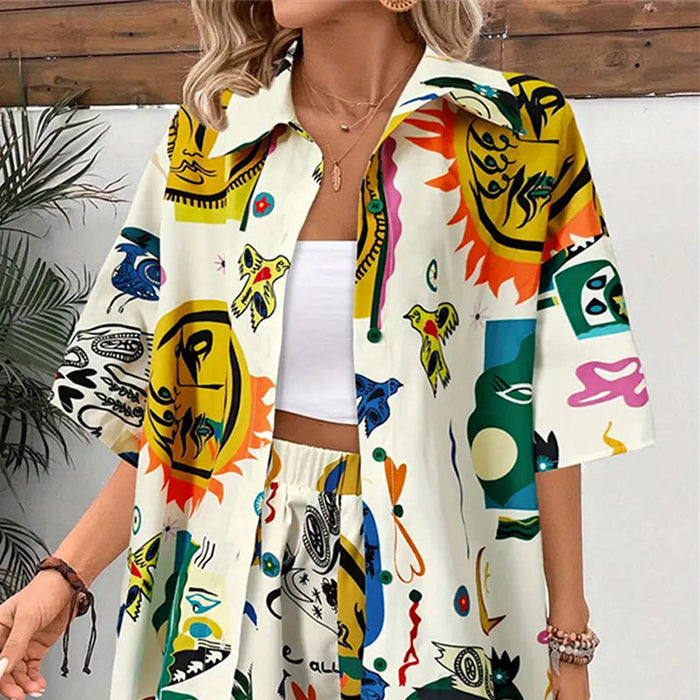 Graffiti Printing Cardigan Shirt Shorts Two Piece Set Contrast Color Casual Pants Casual Women Spring Autumn Clothing Amplified craft