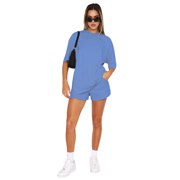 Solid Color round Neck Half Sleeve Pullover Top Women Clothing Casual Shorts Suit Summer