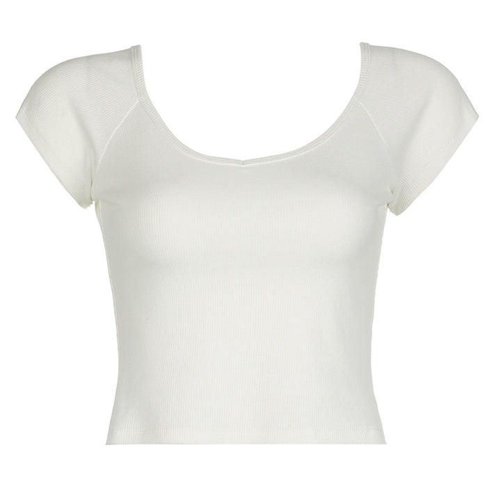 Basic Raglan Sleeve Scoop Solid Color T shirt Sexy Simple Fitted All Matching Casual Short Top