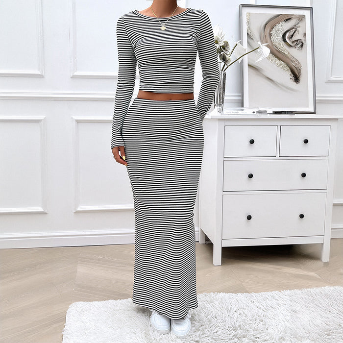 Autumn Winter Women Clothing Casual Striped Knitted Long Sleeve Suit