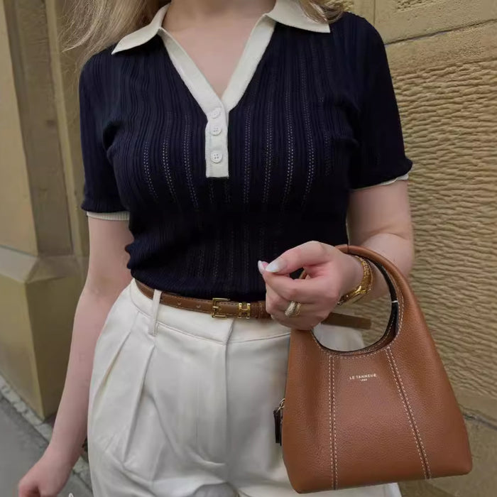 Summer Women Clothing Polo Collar V neck Slimming Color Contrast Patchwork Knitted Top for Women
