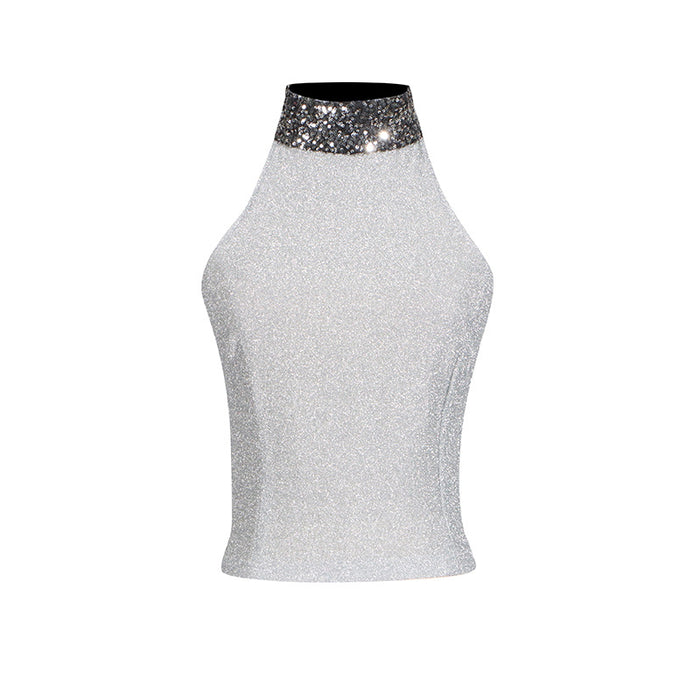 Sexy Halter Top Spring Knitted Sequin Stitching Design Short Vest