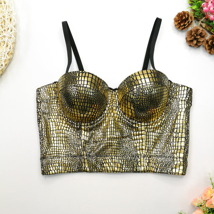 Flash Snake Pattern Bronzing Tube Top Female Wild Fashion Slim Fit Small Sling Nightclub Disco sexy Top Boning Corset Boning Corset Corset