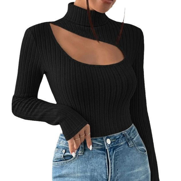 Autumn Front Chest Hollow Out Cutout Bottoming Shirt Women Turtleneck Long Sleeved Fitted T Shirt Women