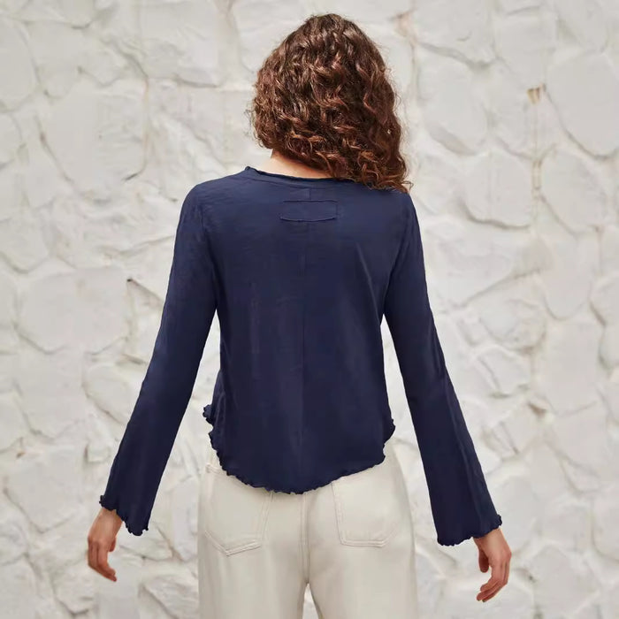 Early Autumn Top Round Neck Stringy Selvedge Flare-Sleeve Long Sleeve Knitted Bottoming Shirt