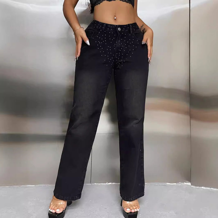 Women Clothing Drilling High Waist Denim Straight Leg Trousers