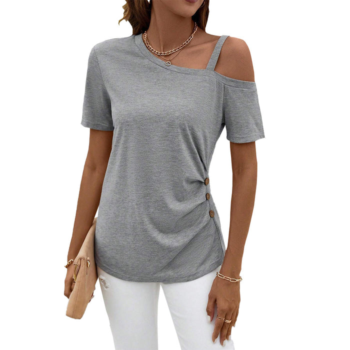 Fashionable Knitted Side Pleated Design Shoulder Hollow Out Cutout out Fit T shirt