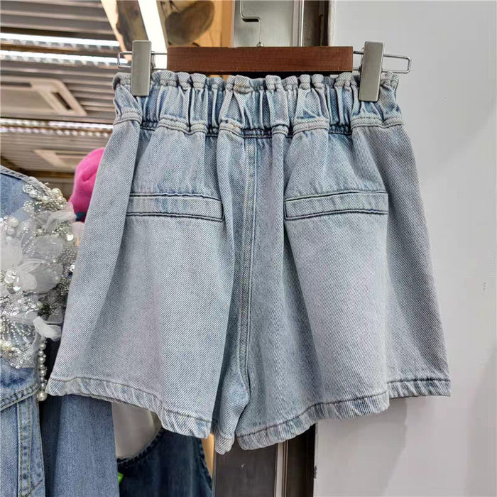 Spring Summer Exquisite Rhinestone Beaded High Waist Slimming Wide Leg Denim Shorts Women Pants