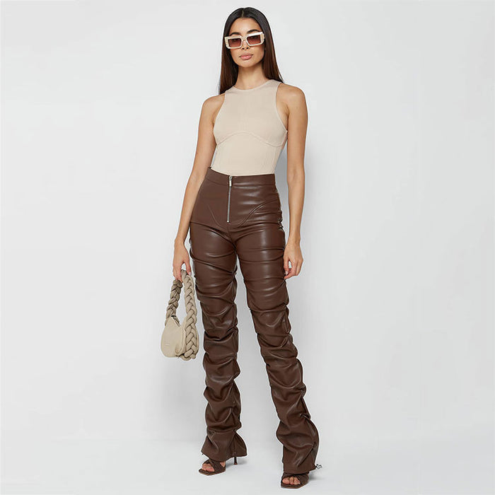 Women Clothing Tight Faux Leather Trousers Personalized Shrinkage Bootcut Trousers Women Four Seasons