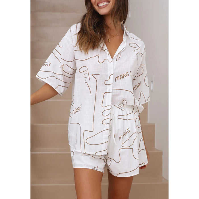 Short Sleeved Shirt Shorts Set Women Summer Casual Letters Abstract Lines Printed Two Piece Set