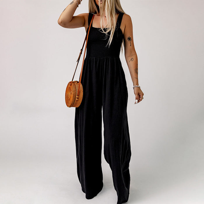 High Waist Jumpsuit Women Summer Sleeveless of the Shoulder Knitted Wide Leg Trousers Jumpsuit