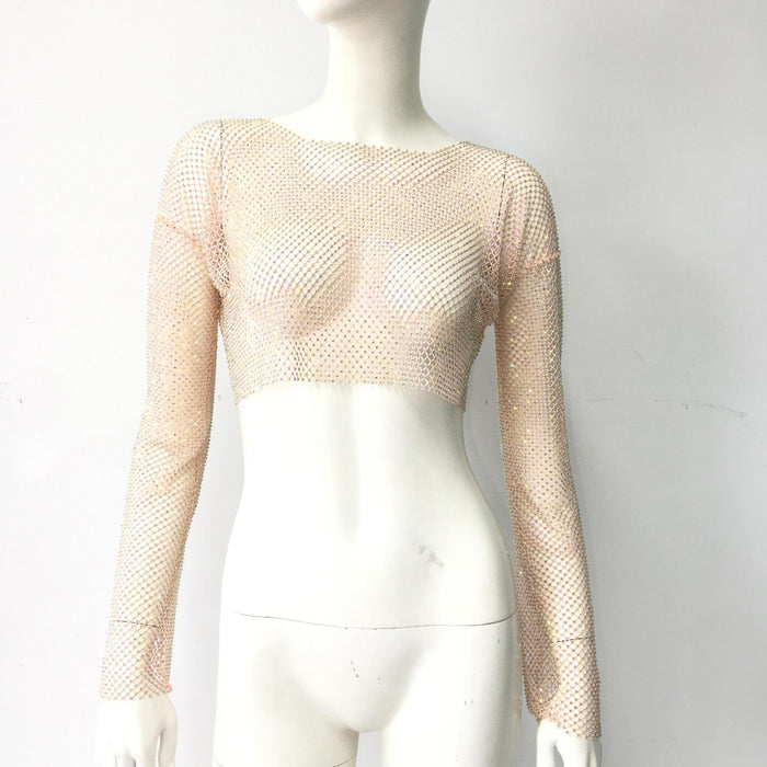 Top Stretch Mesh Drilling Long-Sleeved T shirt Party Music Festival Cool Top