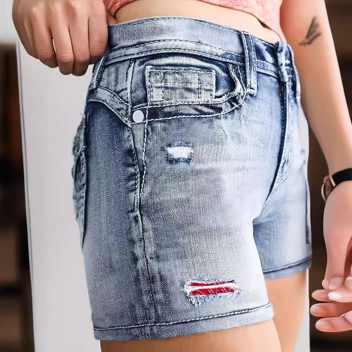 Embroidered Washed Denim Shorts Women Pants