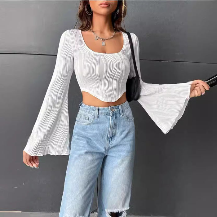 Women Clothing Summer Thin U Collar Top Water Ripple Slim Fit Cropped Trumpet Long Sleeve T shirt for Women