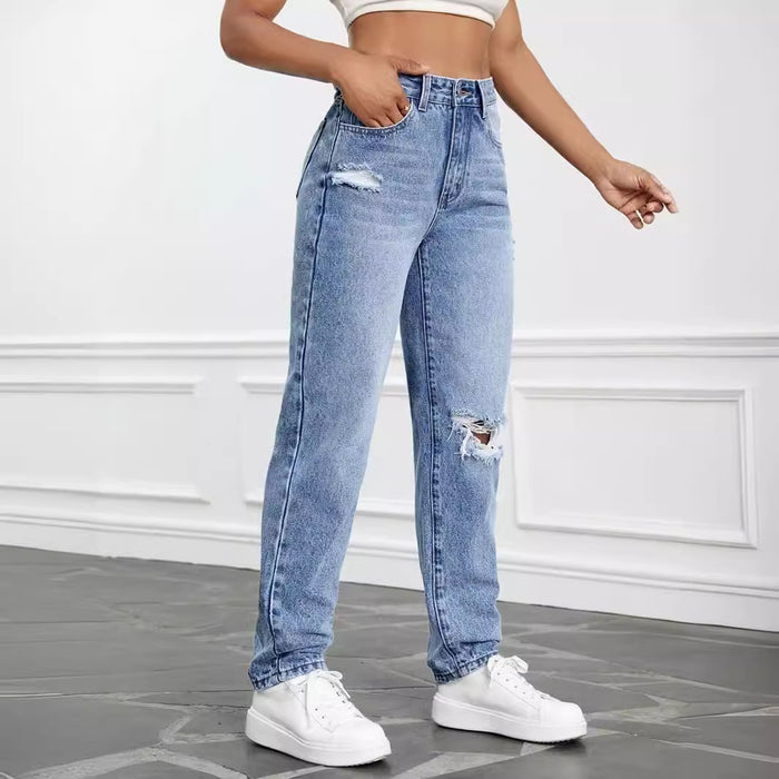 Women Clothing Jeans High Waist Loose Hole Straight Leg Pants