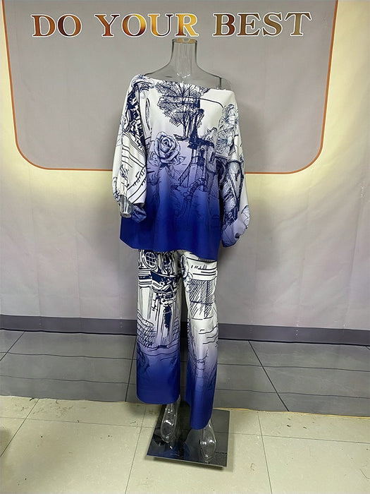 Print Long Sleeve Batwing Shirt Wide Leg Pants Suit Belt Delivery