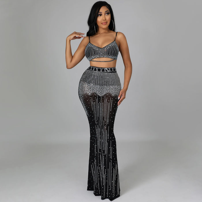 Sexy Women Wear Nightclub Party Mesh See through Camisole Maxi Dress Two Piece Set