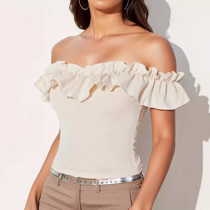 Elegant Women Clothing Solid Color Sexy Off The Shoulder Ruffled Decorative Top