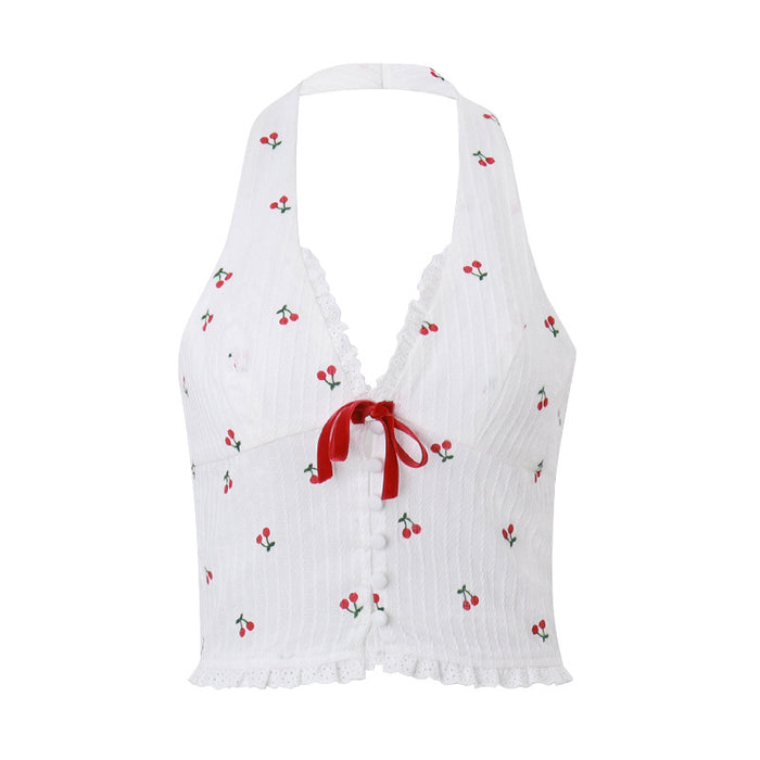 Women Clothing Summer Fashionable Elegant Sexy V neck Halter Cherry Printed Wooden Ear Vest