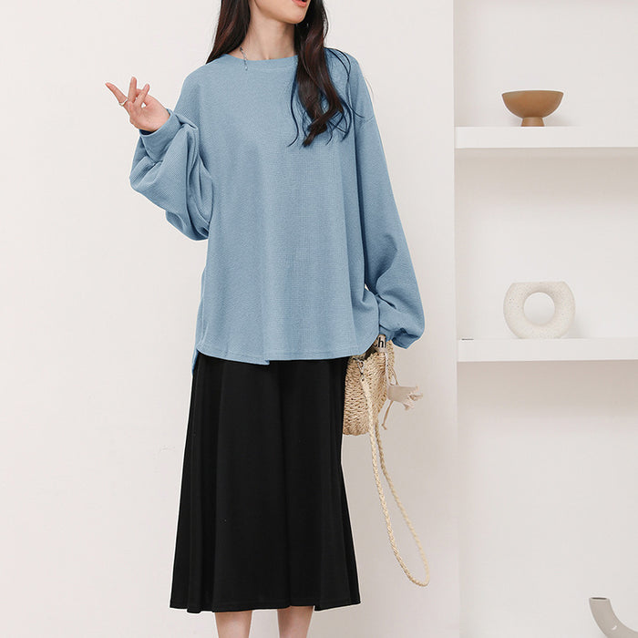 Japanese Korean Summer Waffle Women T shirt round Neck Solid Color All Matching Loose Long Sleeve