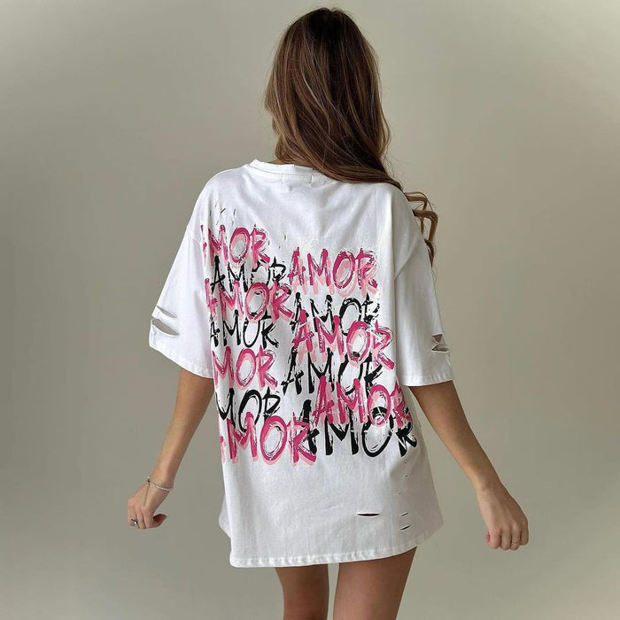 Broken Design Short Sleeved T Shirt Sexy Amor Letter Graphic Print Contrast Color Round Neck Large Version All Matching Top Women