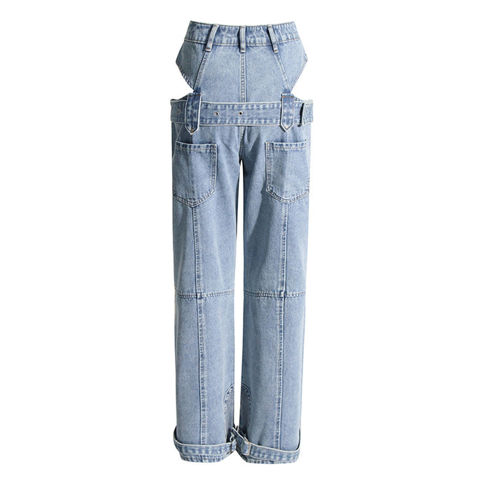 Spring Cropped Outfit Straight Leg Pants Design Overalls Trousers Washed Jeans Women