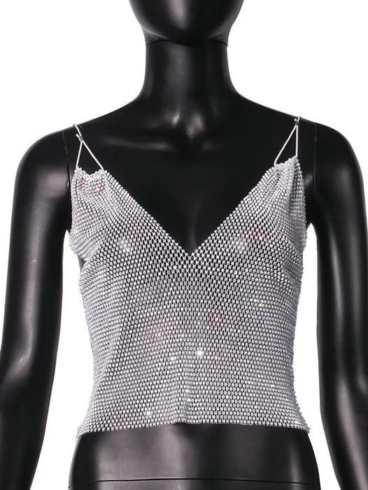 Grid Rhinestone Sexy Suspenders Slim Top Vest Women