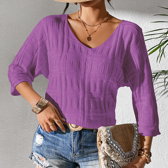 Solid Color Pullover V neck Knitwear Simple Loose Knitted T shirt Three Quarter Sleeve Thin Casual Top