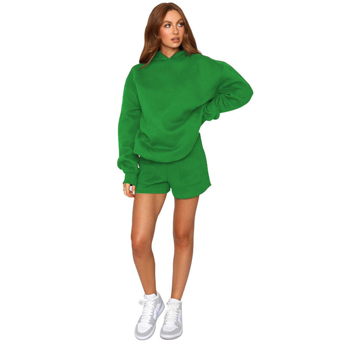 Autumn Winter Solid Color Hooded Pullover Long Sleeve Sweaters Women Clothing Shorts Suit