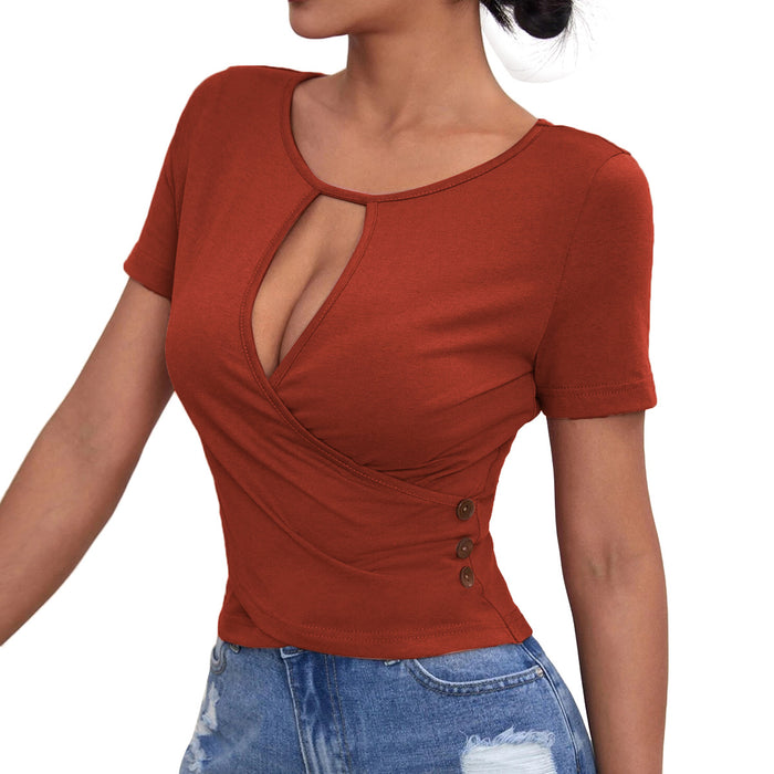 Women Clothing Sexy Hollow Out Cutout Button Slim Fit Casual Short Short Sleeve T-shirt Top