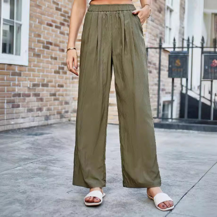 Women Casual Comfortable Loose Silk Pleated Elastic High Waist Wide Leg Pants