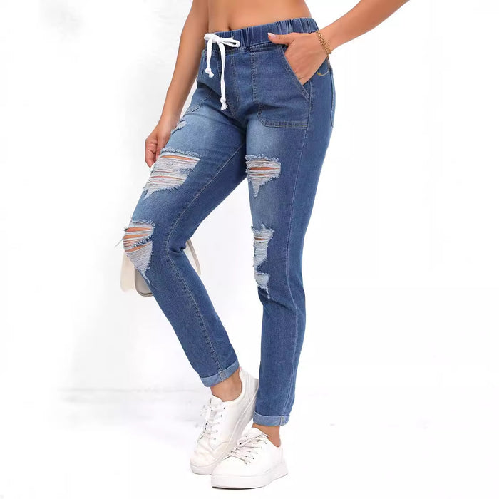 Slim Fit Trendy High Waist Hole Denim Skinny Pants