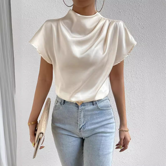 Summer Shirt Pullover Irregular Asymmetric Half Turtleneck Solid Color Silk like Office Sleeve Top