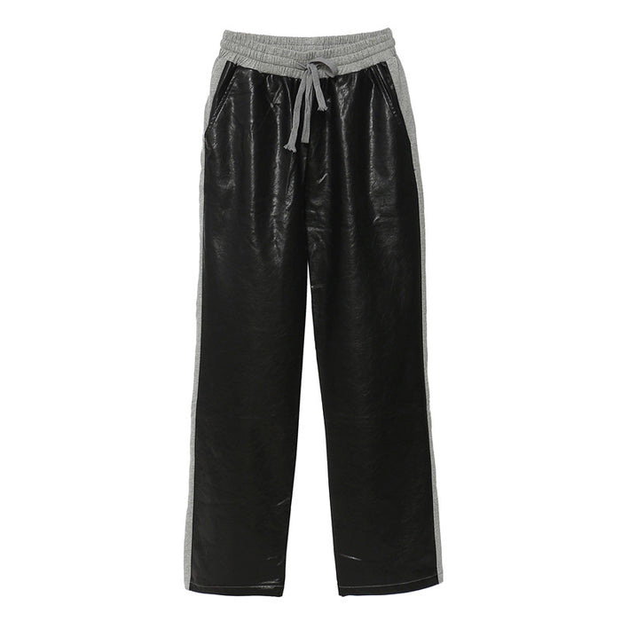 Autumn Casual Cool Stitching Faux Leather Faux Two-Piece Casual Pants Leather Patchwork Straight Leg Pants