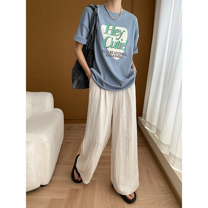 French Texture Pleated Design Elastic High Waist Slimming Lazy Casual Wide Leg Pants